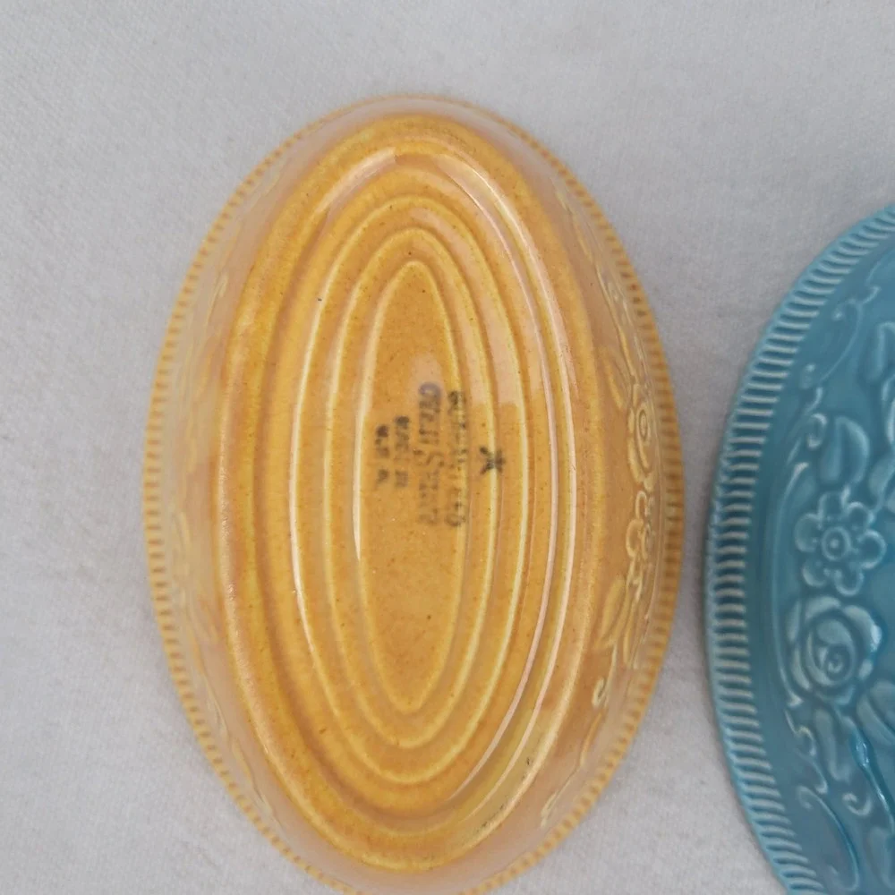 Vintage Homer‎ Laughlin Oven Serve Oval Casserole Dishes Blue Yellow Set of 2